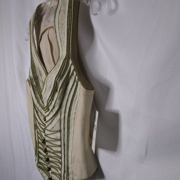 RACHEL ROY Fitted Vest Asymmetric Hem Lace Metallic Rope Beige Cotton Size 4 - Picture 2 of 9